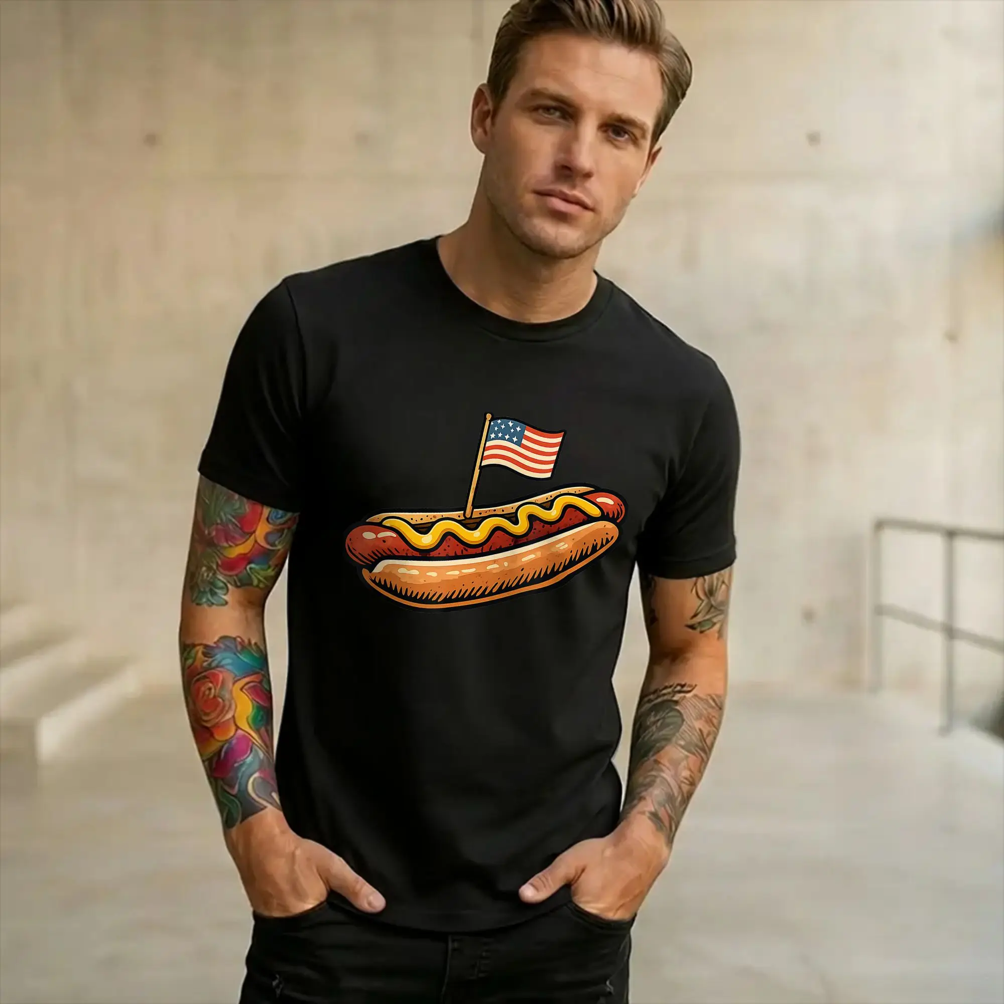 Men Women Graphic Printing Hotdog Freedom Dive Funny Hot Dog   Tee T Shirt 100% Cotton  T-shirts Clothing