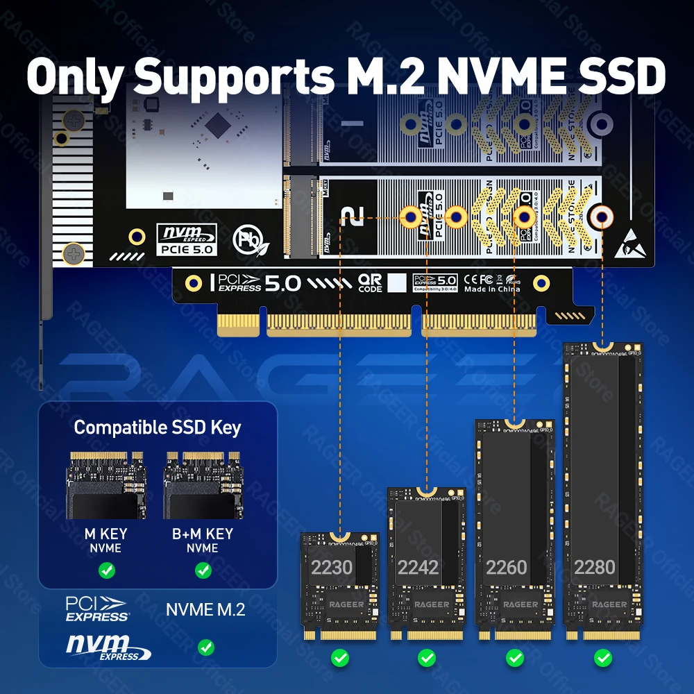 RAGEER PCIe 5.0 إلى Dual M.2 NVMe X16/X8 محول تمديد بطاقة الناهض 256Gbps فتحة للبطاقات لـ 2280/60/42/30 SSDs دعم RAID الناعم