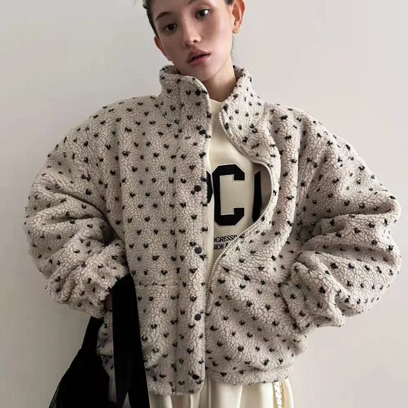 Korean Winter Standing Collar Heart-shaped Polka Dot Long Sleeved Warm Lamb Wool Retro Zipper Plush Cotton Coat