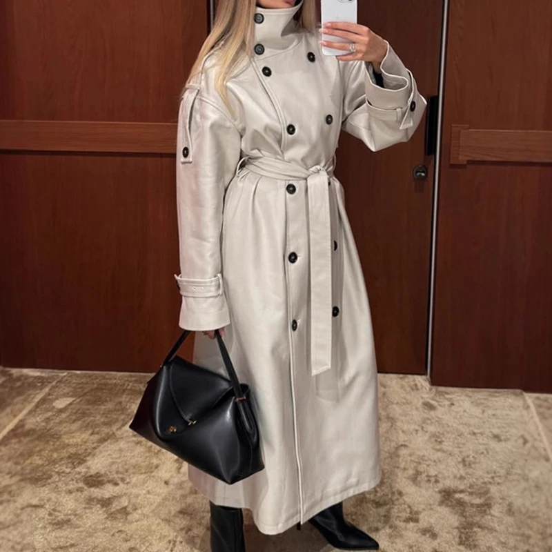 

Elegant British-style plain double-breasted long trench coat for women, 2025 autumn and winter new arrival