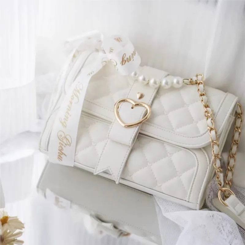 JIAERDI Vintage Lolita White Messenger Bag Women Heart Pearl Leather Shoulder Bag Ladies Harajuku Sweet Y2k Handbag Aesthetic