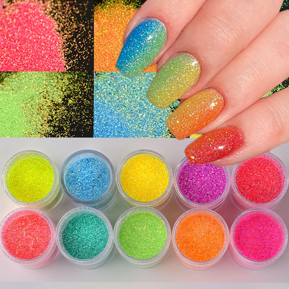 

4g*10Pcs Charming Neon Phosphor Sugar Nail Powder Fluorescent Effect Rainbow Chrome Pigment for Acrylic Eyeshadow Makeup NailArt