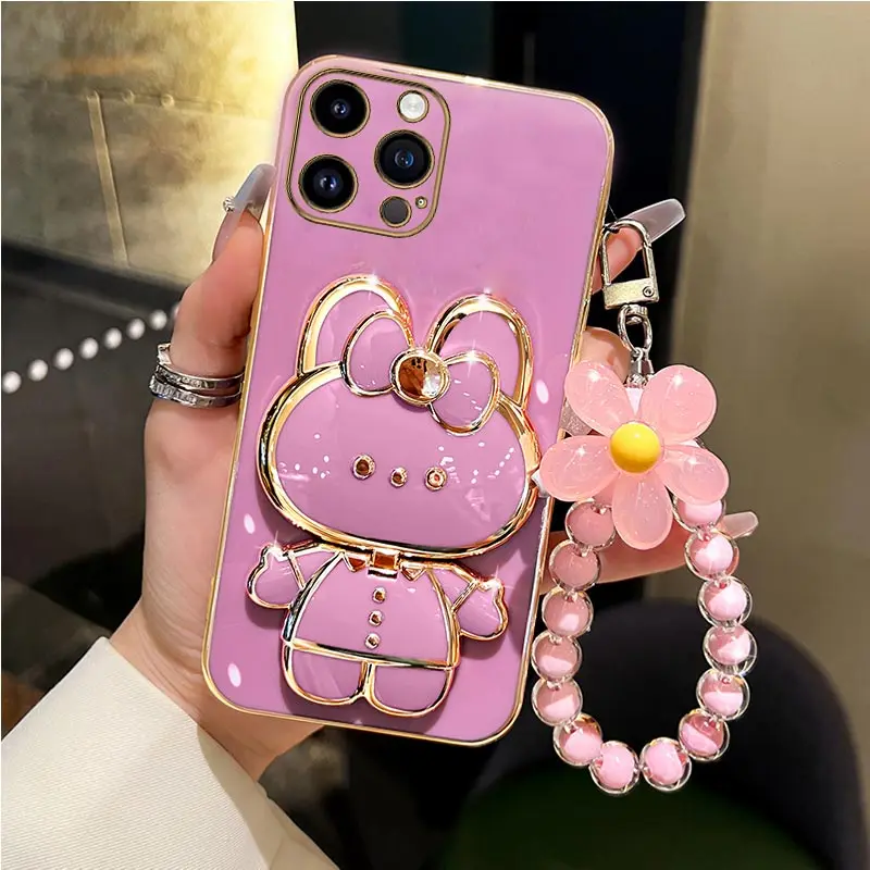 Mirror Rabbit Flower Strap Case For iPhone 14 13 12 11 Pro Max 13Pro 12Pro X XR Xs Max 6 7 8 Plus Stand Cover