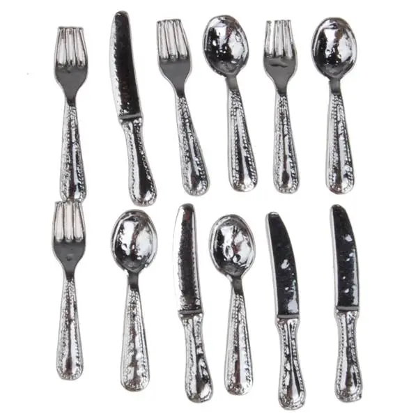 12pcs Dollhouse Miniatures Silverware Tableware Fork 4 Place Settings