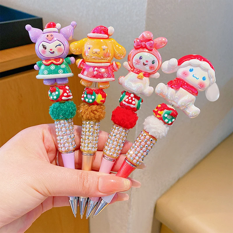 Kawaii Christmas Sanrio Sparkling Crystal Bead String Pen Hello Kitty Kuromi DIY Pen Cute Cartoon Gel Pen Student Stationery