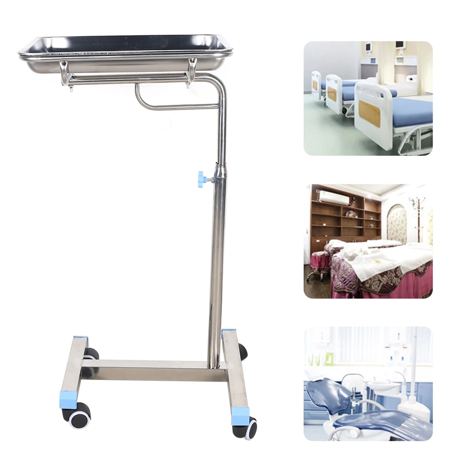 Stainless Steel Salon Instrument Tray, Height Adjustable Trolley Cart Tray on Wheels for Spa Beauty Dentistry Tray Rolling Cart