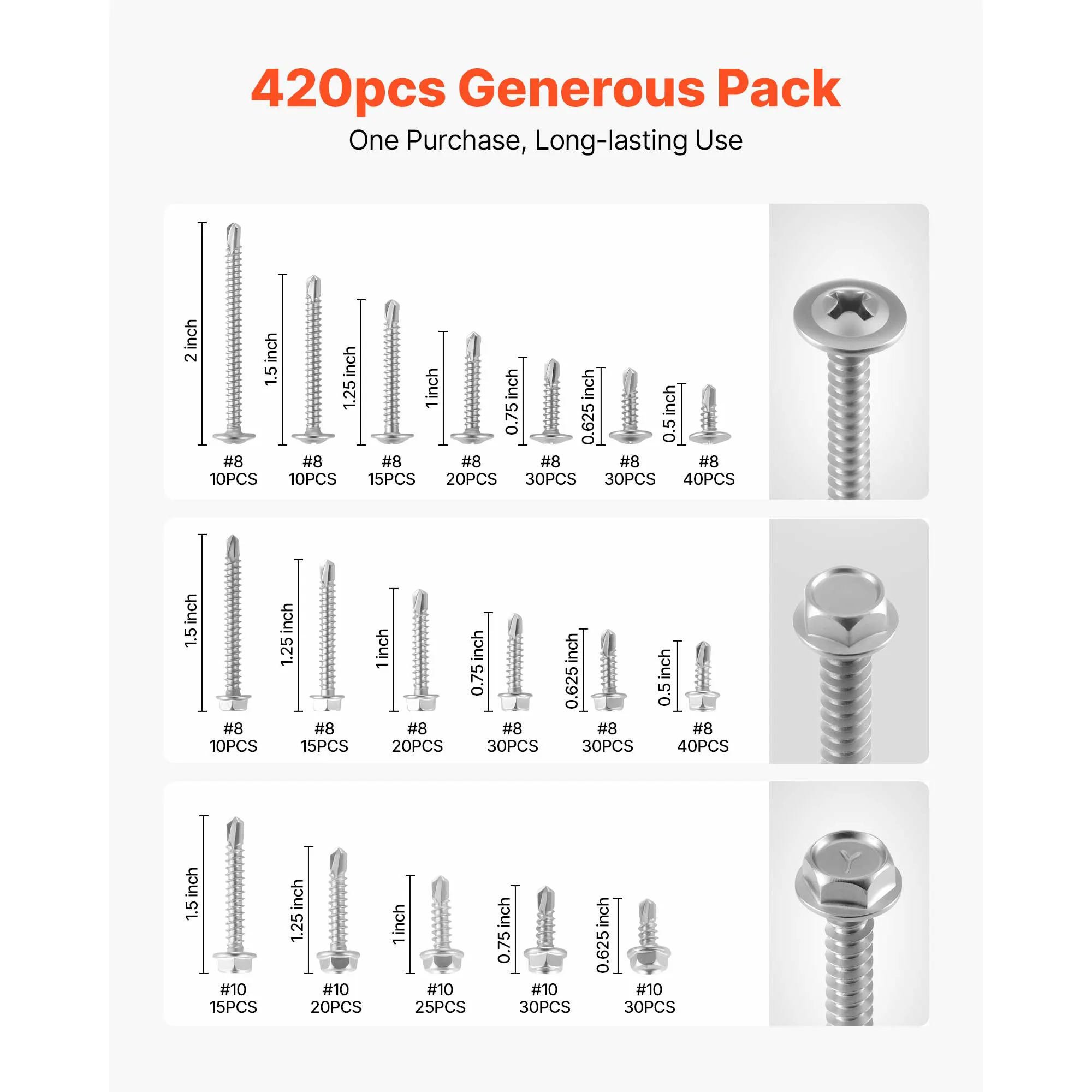 420 PCS Self Drilling Screws, Stainless Steel # 8 # 10 Sheet Metal Screw Assortment Kit for Metal and Wood, Length 1/2 Inch to 2 Inch, Phillips Truss Head & Hex Head Self Tapping Screws, Silver