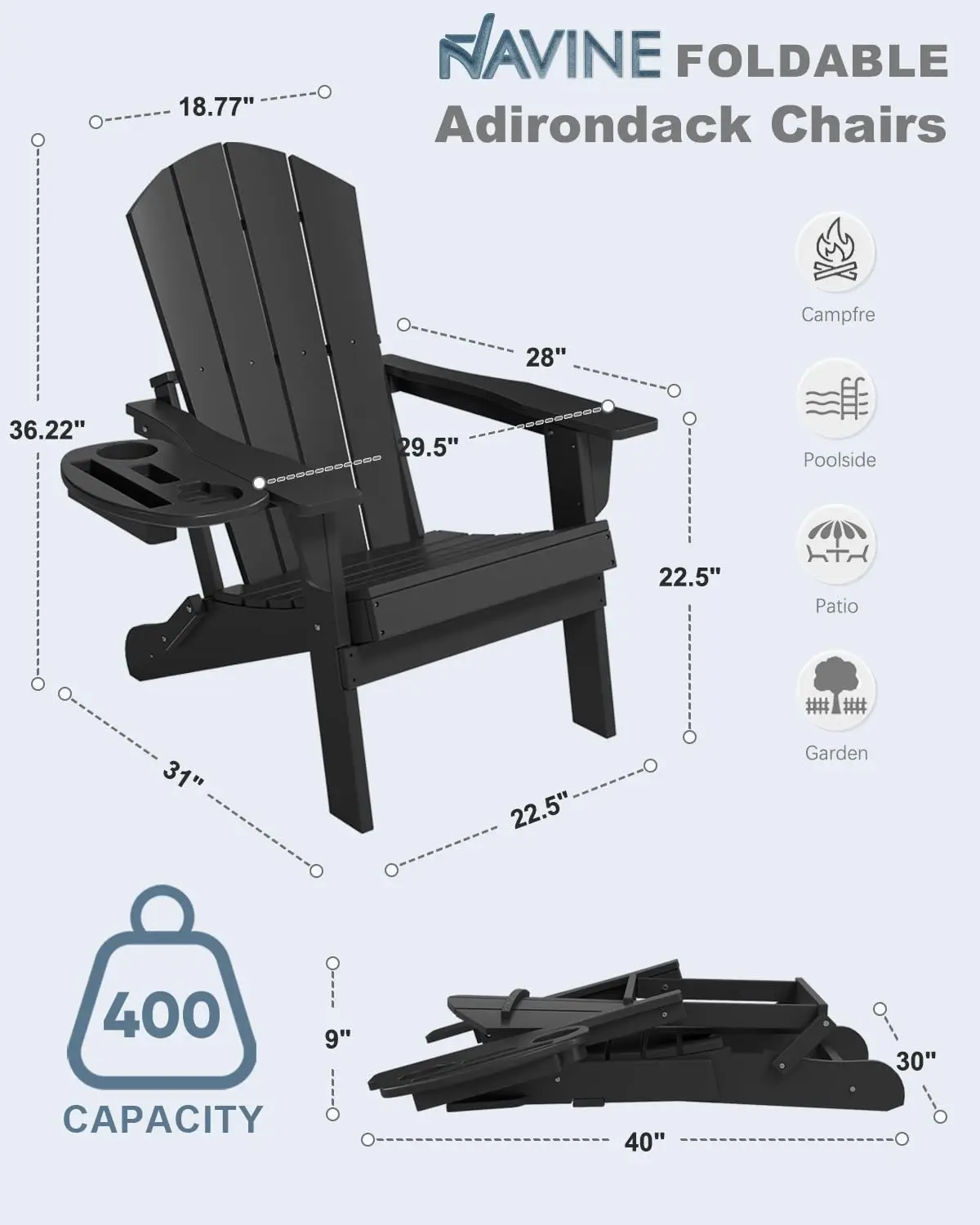 Black Adirondack Chair Set 4, HDPE Fire Pit Chair with Cup Holder & Wide Seat for Outdoor Porch Patio, Customized