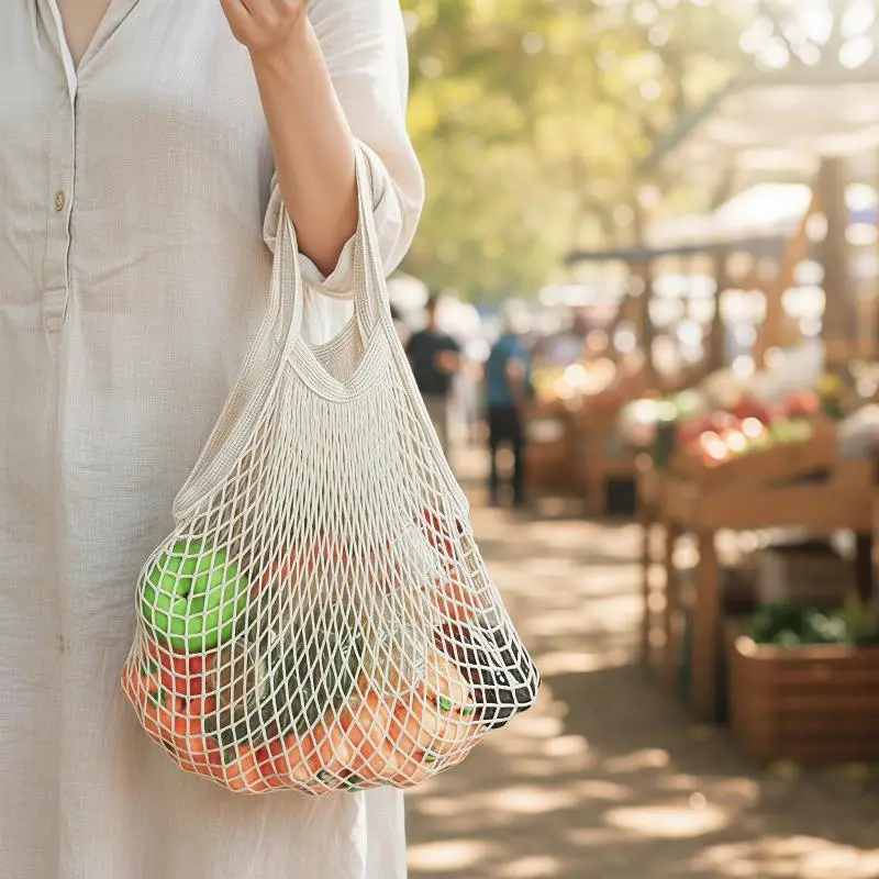 Handheld Reusable Cotton Mesh Shopping Bag Foldable Lightweight for Supermarket Grocery Fruit Vegetable Outdoor Camping