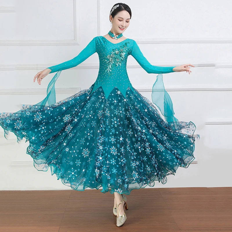 High-End Moderne Waltz Prestaties Kleding Lange Mouwen Strass Vrouwen Ballroom Concurrentie Jurken Volwassenen Stadium Dancewear