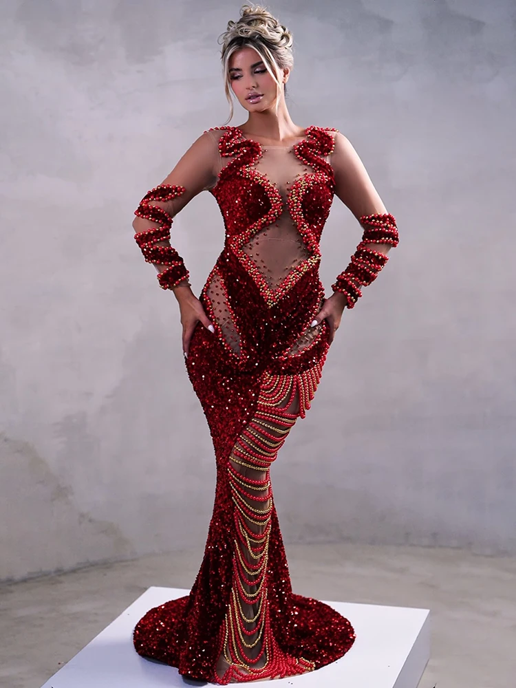فساتين سهرة أنيقة للحفلات فيستدو أحمر لامع ترتر لؤلؤي سلسلة شفافة من خلال شبكة فستان طويل بأكمام طويلة مطرز بالخرز ماكسي #1