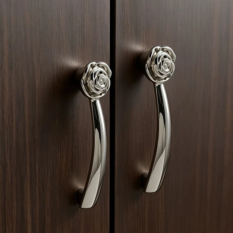 2Pcs RoseShape Solid Brass American Silver Rose Knob French Cabinet Handle Bright Chrome Wardrobe Door Handle Furniture Hardware