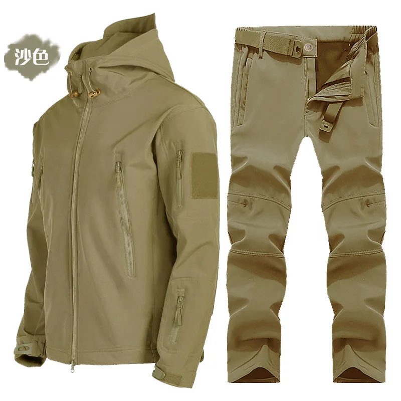 Shark Skin Soft Shell Assault Suit for Men Winter with Fleece Insulation Hiking Suit Waterproof and Windproof Skiing And