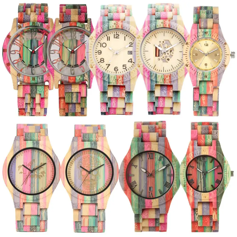 

Irregular Colorful Bamboo Full Wood Quartz Wristwatch for Men Women Folding Clasp Bracelet Watchband Casual Stylish Men's Watch