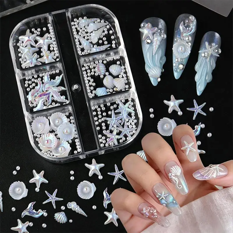 Pearl Design Nail Art Charms 6 Panels Pearlescent Shell Mini White Starfish Decor Long Lasting Manicure Accessories