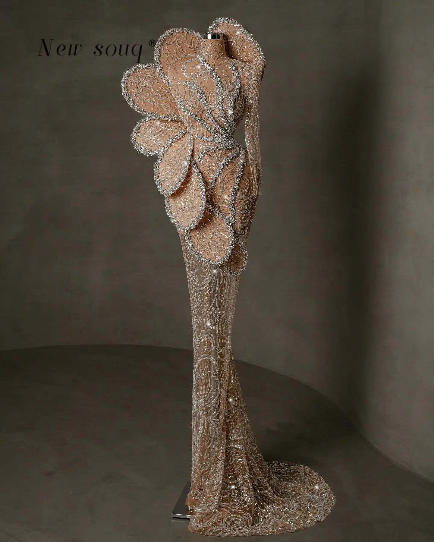 

Champagne One Shoulder 3D Floral Evening Dresses with Crystals Sexy Illusion Glitter Special Occasions Party Gowns Customized