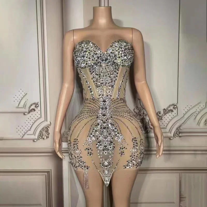 Glitzern silberne Kristalle Finger transparentes Kleid Strass Ketten Ketten Outfit Kostüm Geburtstag feiern sexy Bühnen kleidung