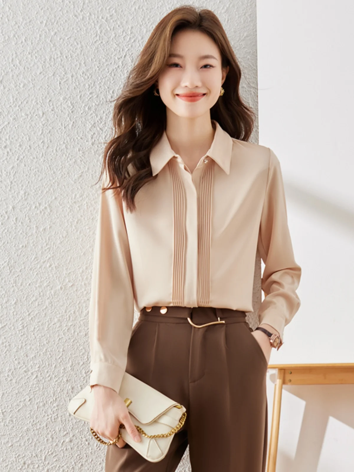 

Fashionable Long Sleeve Shirt Women's Casual Two-Piece Set Elegant Spring Autumn New Style Polyester Fiber Straight Cut Button