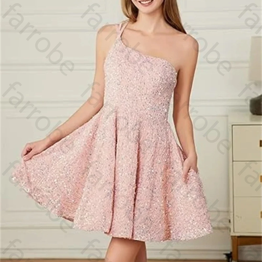 

Customized One Shoulder Sequin Homecoming Dresses for Teens Short Sparkly A-Line Formal Cocktail Party Prom Gown with Pockets