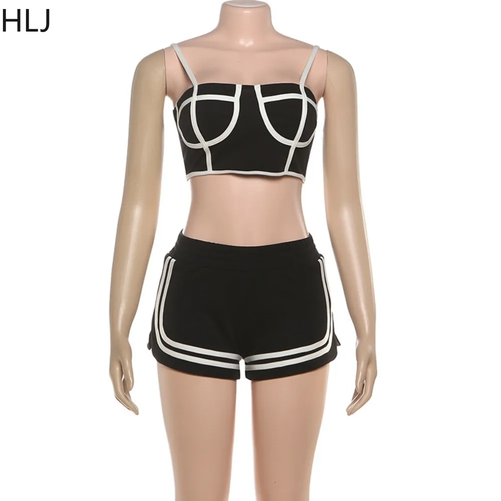 HLJ Mode Sportieve 3-delige set voor damesoutfits Effen kleur Streep Patchwork Crop-jack + hemdje + shorts Vrouwelijke streetwear