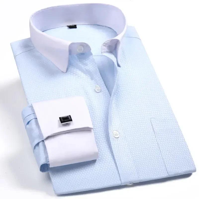 

Fashion Mens French Cufflinks Dress Shirts Long Sleeve Yellow White Blue Social Business Regular Fit Wedding Party Shirt For Man