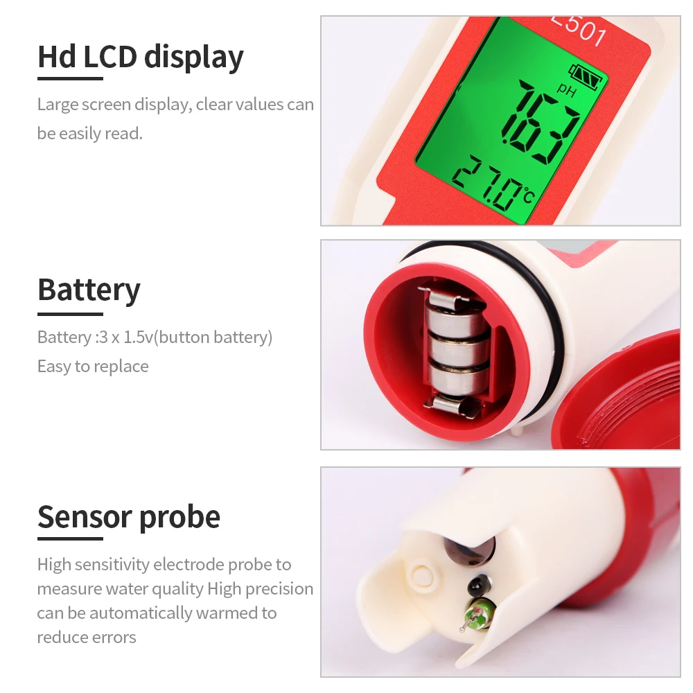 5 in 1 Chlorine Meter PH CL2 H2 ORP Temperature Meter Water Quality Tester for Pools Drinking Water Aquarium Swimming Pool