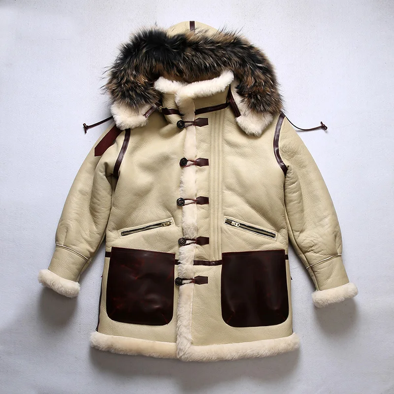 Men\'s Winter Top Sheep Shearling Sheepskin Jacket USAF B7 Flight Suit Thickened Fur Coat Vintage Warm Mid-Length Shearling coat