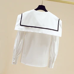 2023 Early Autumn Sailor Collar White Blouse Long Sleeve Women Loose Elegant Shirt Ladies Office Outer Academy Style Top 28550