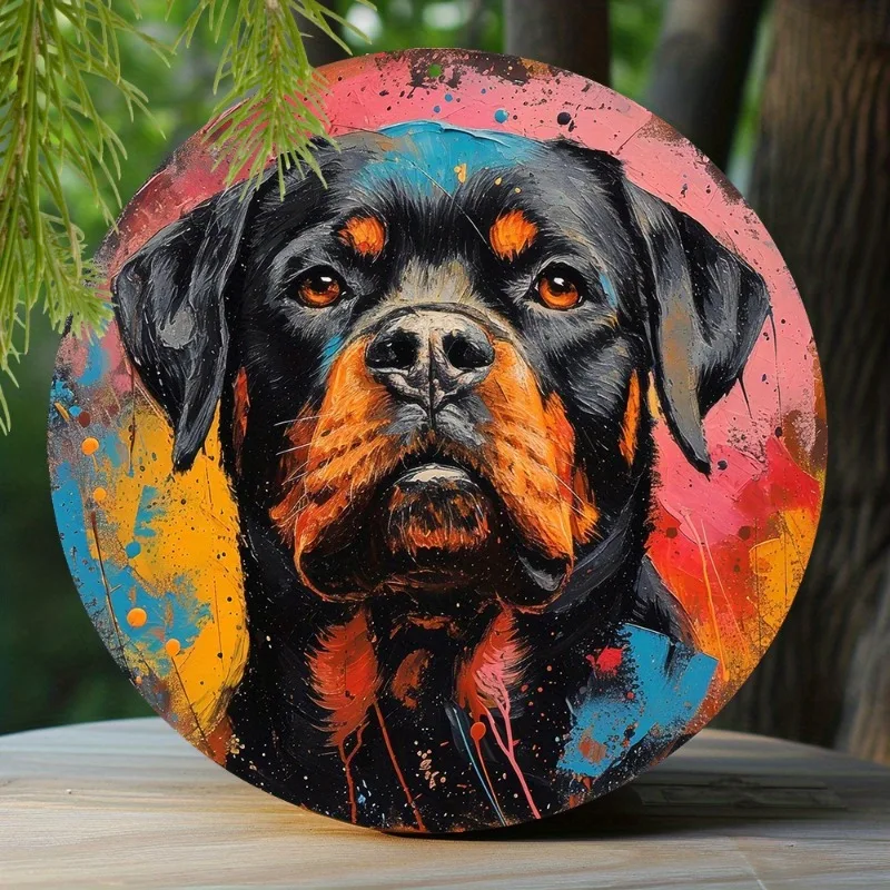 Spring Aluminum Tin Sign Faux Resin Painting Round Wreath Decorative Sign, Valentine's Day Gifts Rottweiler Theme Decoration