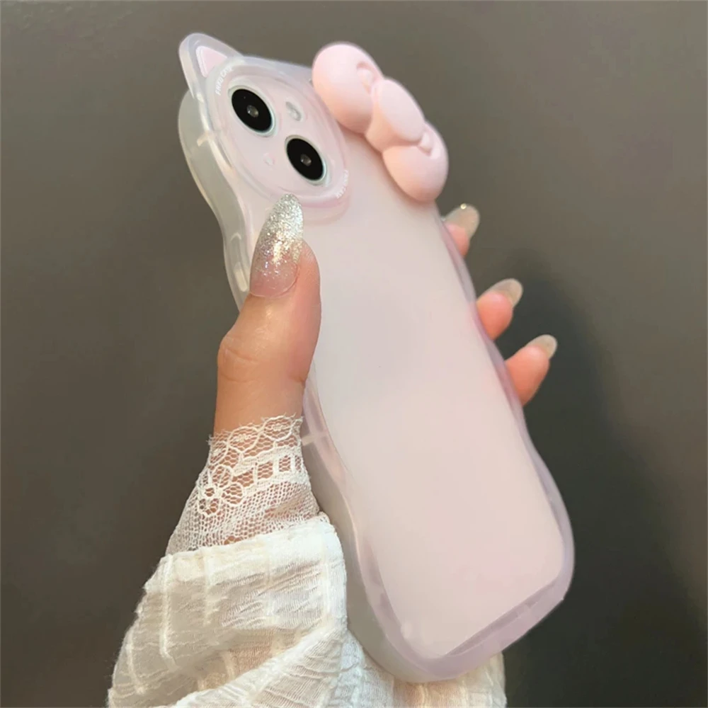 Korean Cute Pink Bow 3D Cat Ear Wavy Clear Case For iPhone 17 16 15 14 13 Pro Max Lovely Aesthetics Shockproof Soft Cover - náhled 4