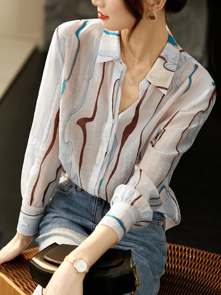 SENTUBILA Thin Sheer Printed Blouses Office Lady Chiffon Shirts Turn-down Collar Long Sleeve Womens Tops and Blouses Q23C44421