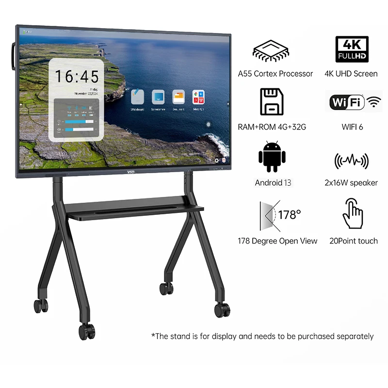 65-Inch 4K LED Interactive Whiteboard 20-Point Touch Android/Windows OS 8GB RAM 256GB SSD I5 CPU Smart Pen /USB 1-Year