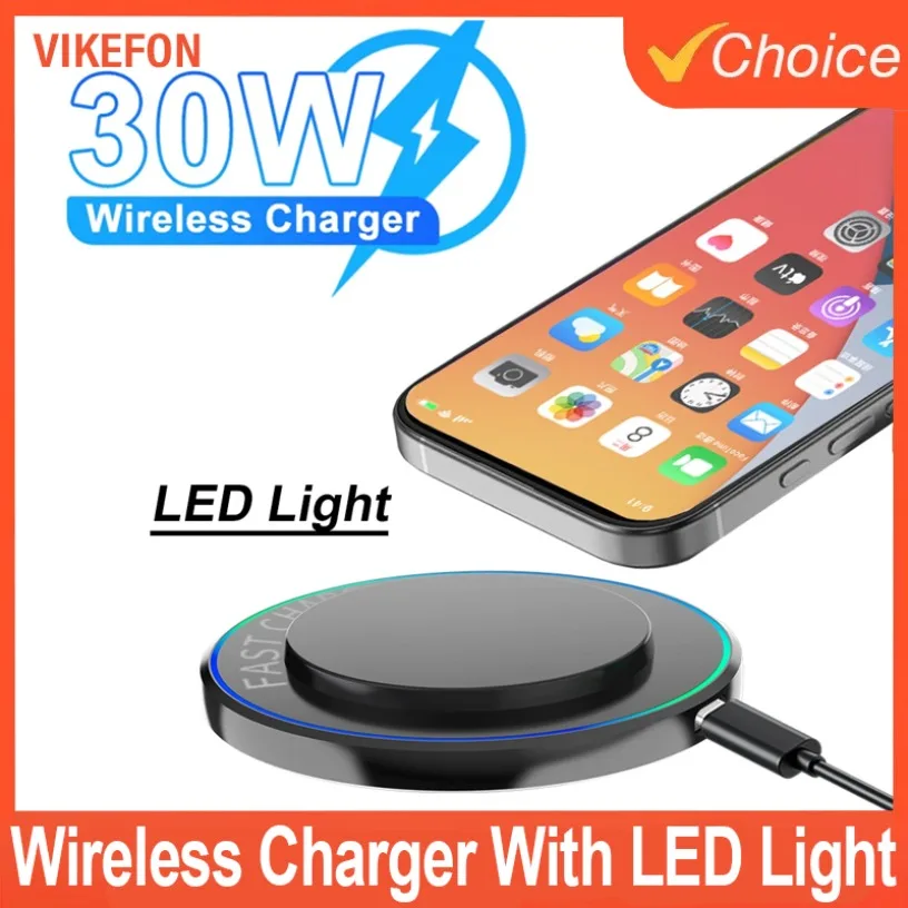 Mini LED Light 30W Wireless Charger Fast Charger Station Pad Desk Stand For iPhone 16 15 14 13 12 Samsung S25 Xiaomi AirPos Pro