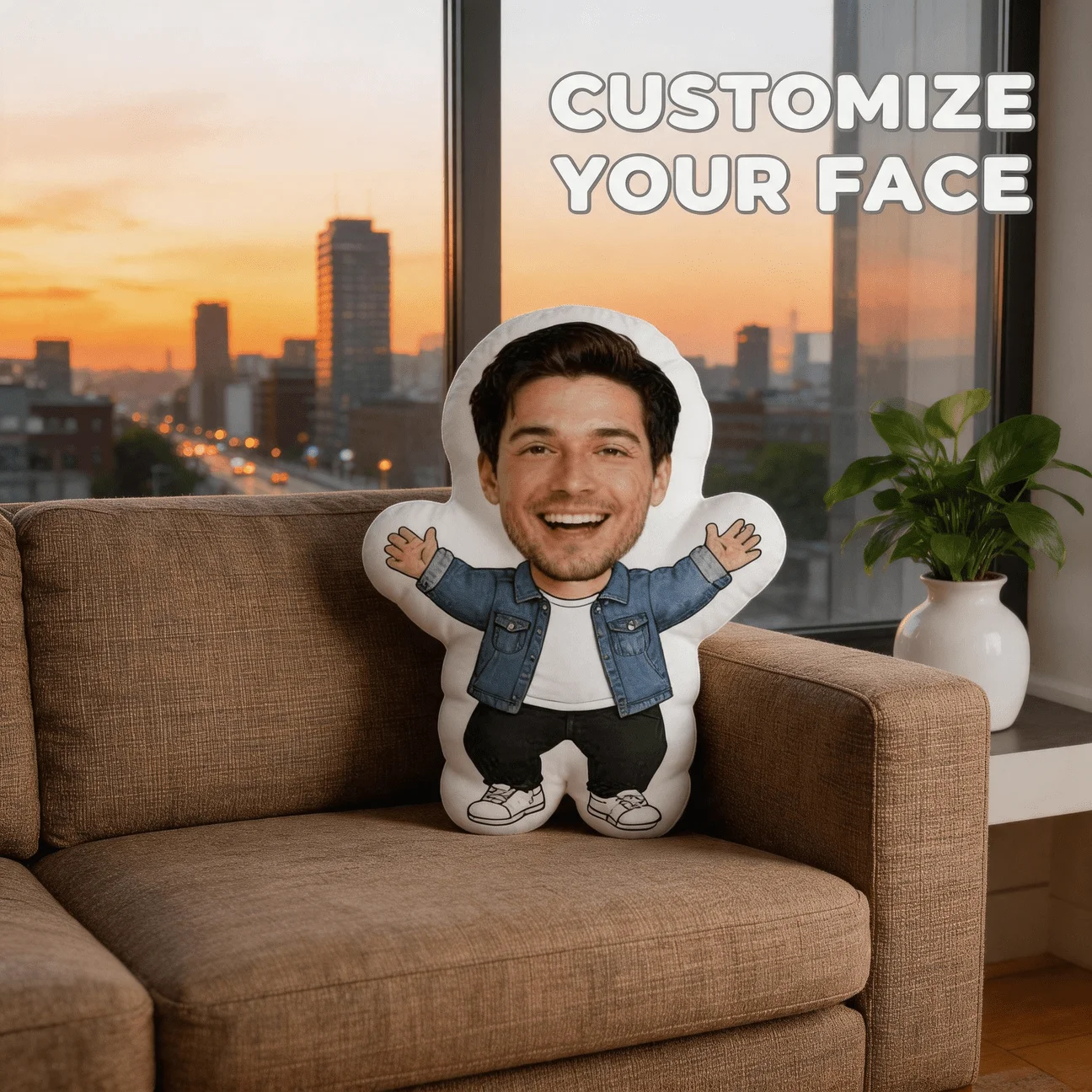 Custom Personalized Photo Face Pillow, Smiling for Man Denim Jacket Custom Shaped Decorative Cushion, 70cm Home Decor Accent for