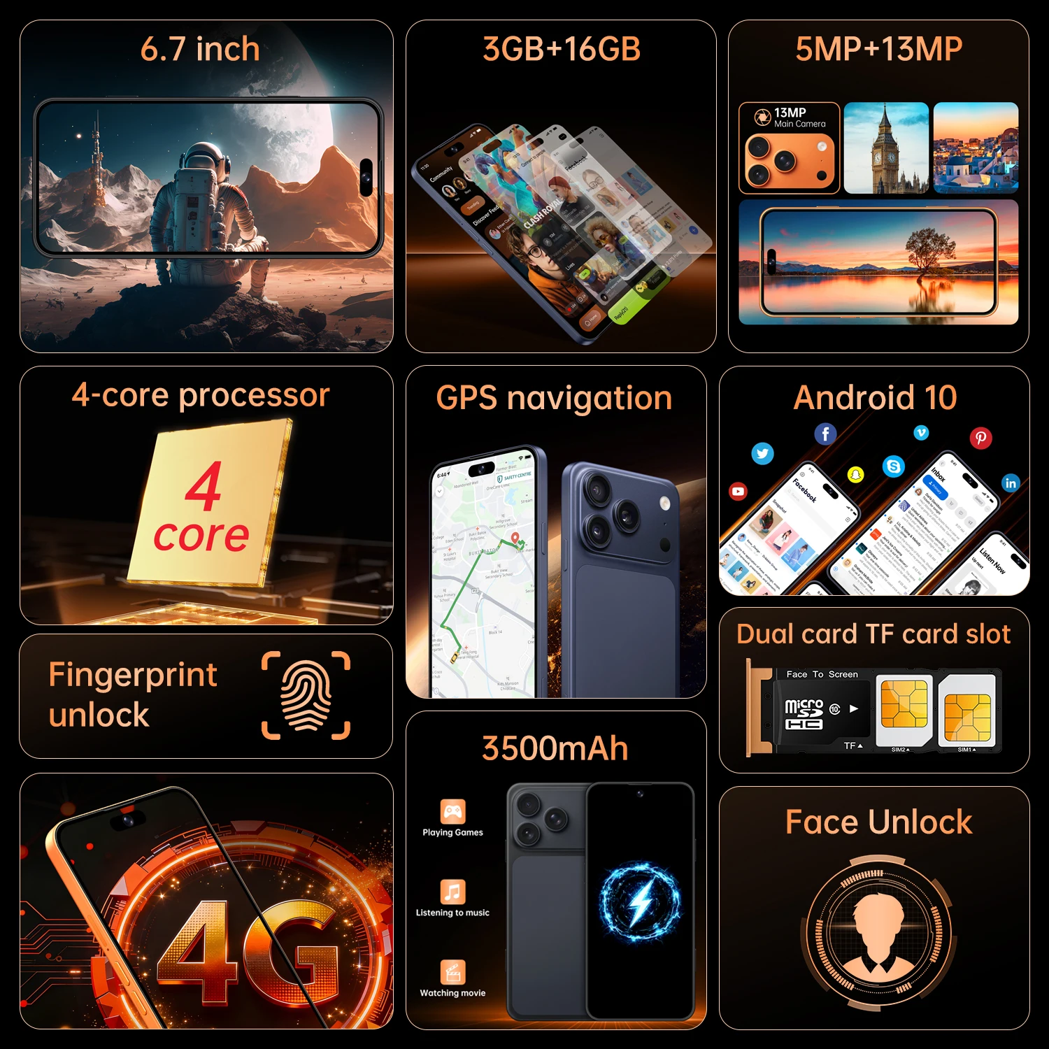 Smartphone IVMI Global Vision 17 Pro Max Android 3GB RAM 16GB ROM 6.7 Polegadas Dual SIM Rede 4G Câmeras 5+13MP