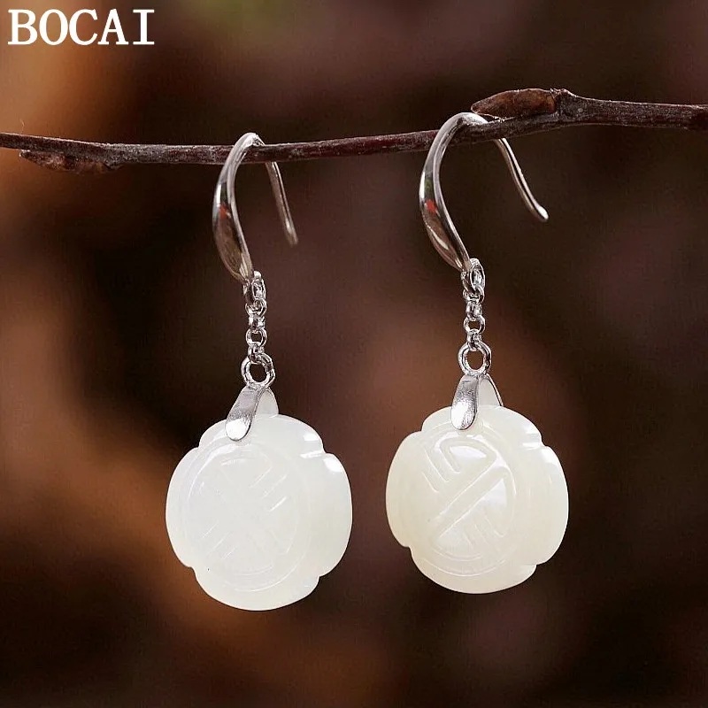 

BOCAI S925 Sterling Silver Jewelry Vintage Fashion White Jade Lotus Canopy Elephant Earrings Selected Gifts