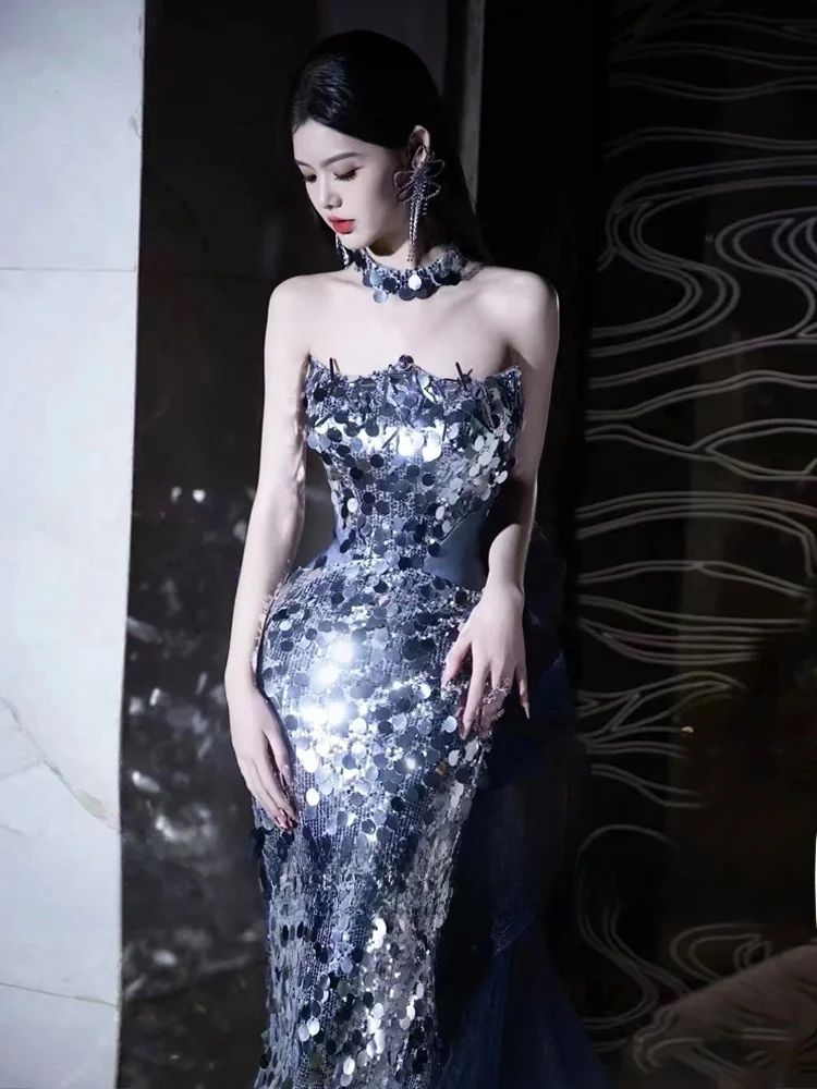 

Silver Sequin One oulder Evening Gown Faionable Slim Fit Fi Tail Luxury Dinner Par Wedding Long Dr for Women
