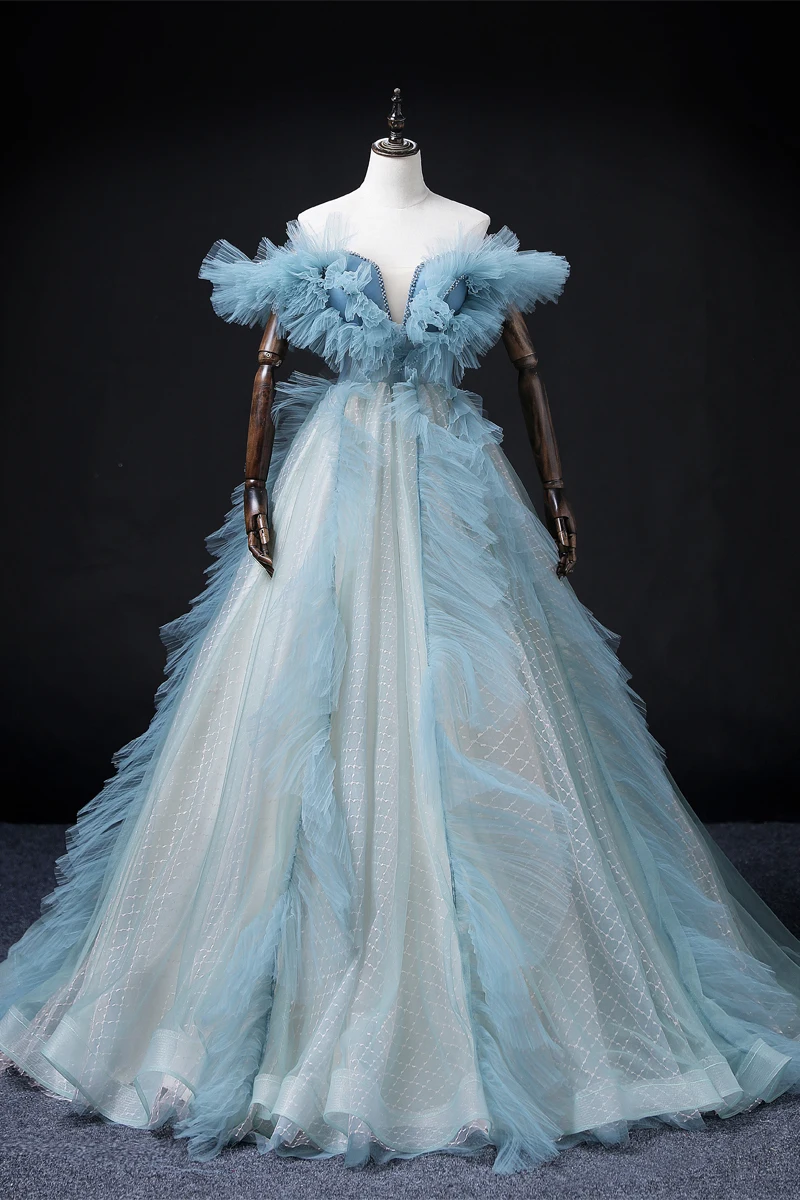 

luxury lake blue full ruffled ball gown dream fairy long princess dress studio/stage/chorus/Victorian gown
