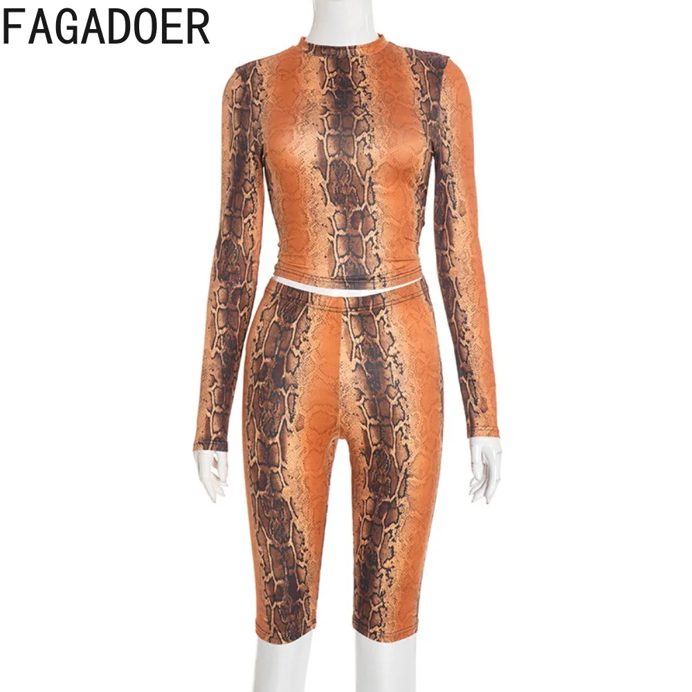 FAGADOER Sexy Serpentine Printting 2 Pieces Set for Woman Outfits Round Neck Long Sleeves Crop Top and Shorts Female Streetwear - Image 5
