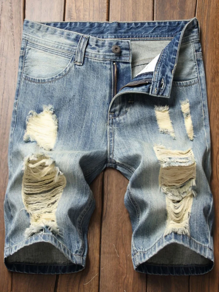 سراويل جينز ممزقة عتيقة للرجال ، ملابس شارع ، هيب هوب ، موضة شارع عالية ، جينز قصير غير رسمي ، مطاط للذكور ، مستقيم #5