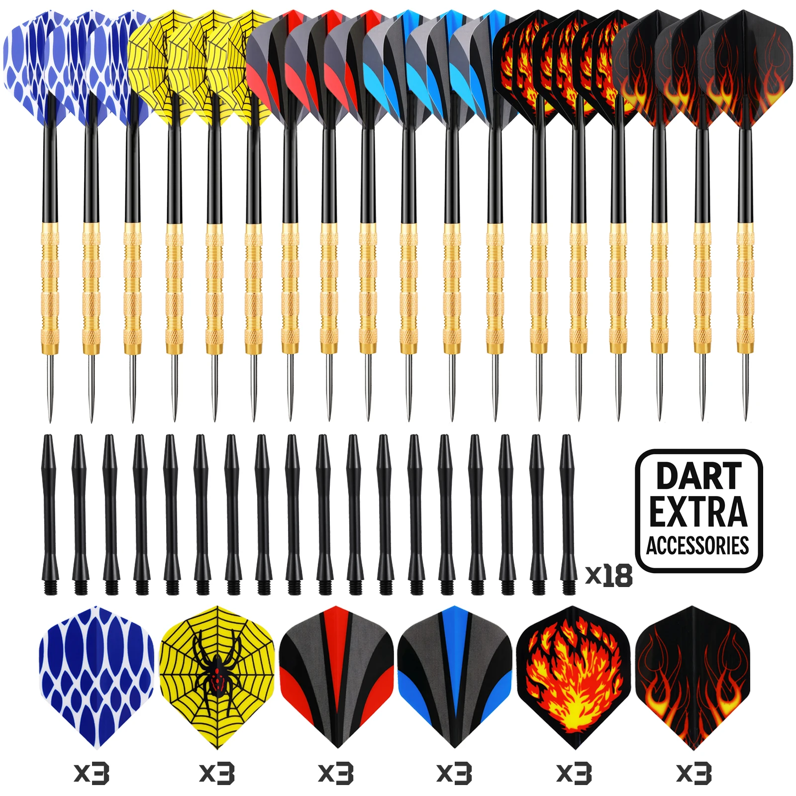 

Набор для дартса Huanqu из 18 предметов, полный комплект с 36 лопастями и 36 стержнями для дротиков, большое количество товаров, подходит для ежедневных тренировок и развлечений, корпоративного тимбилдинга, игр для встреч с друзьями.