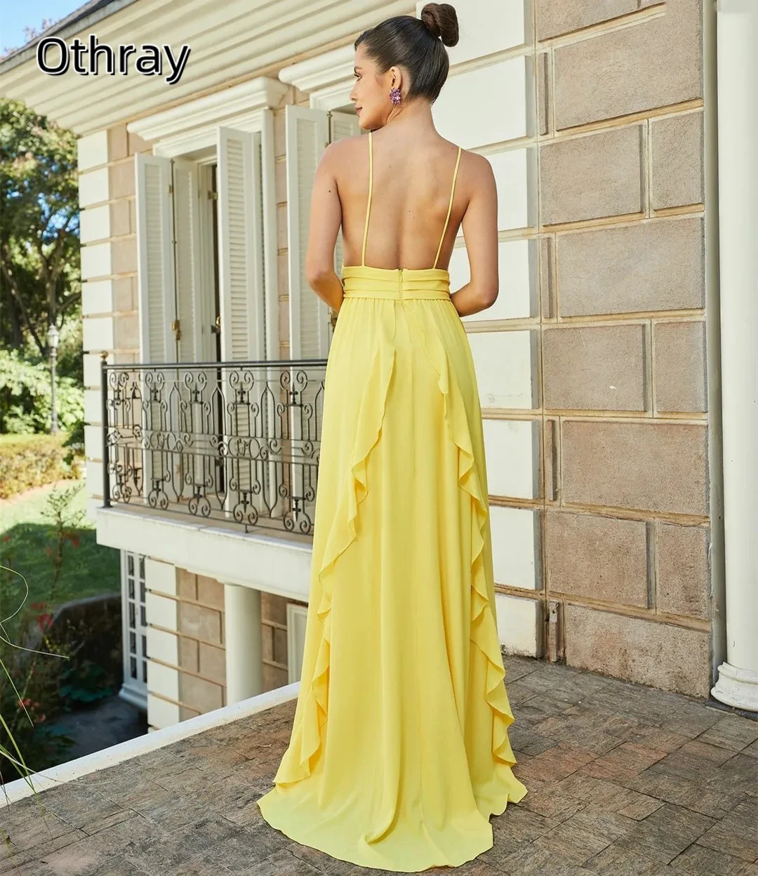Eleganckie żółte szyfonowe suknie wieczorowe Othray z falbanami, odkrytymi plecami, dekoltem w serek, długie do podłogi, suknie balowe, suknie wieczorowe dla kobiet.