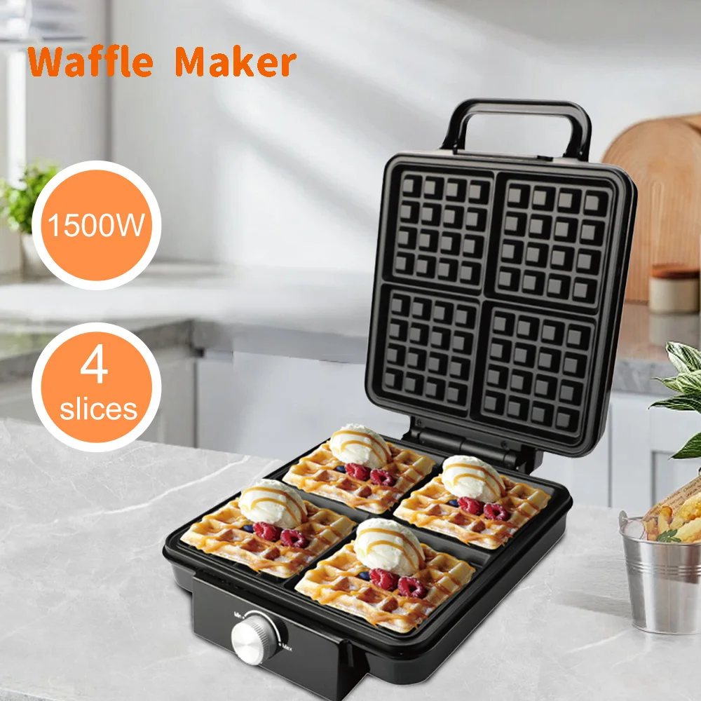 Electric 4 Silces Waffle Maker 1500W,Large Square Belgian Waffle Maker Breakfast Waffle Machine Make Waffles in Minutes, A