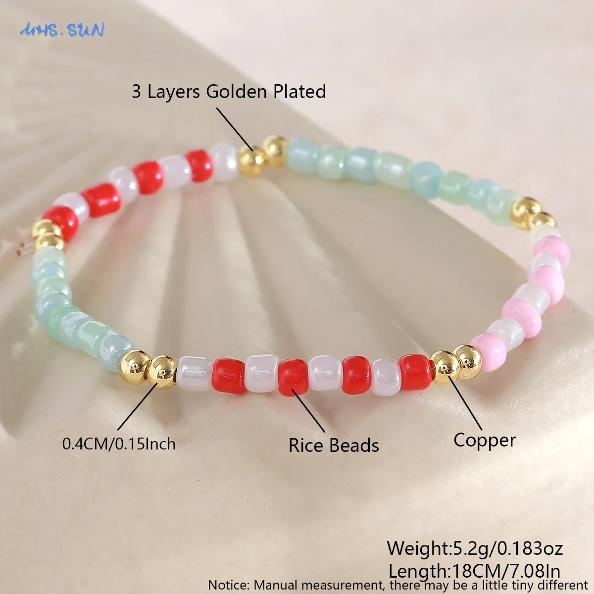 MHS.SUN جديد البوهيمي مطلية بالذهب معدن مطرز أساور ملونة الأرز الخرز سوار حفلة عيد ميلاد مجوهرات للنساء الرجال