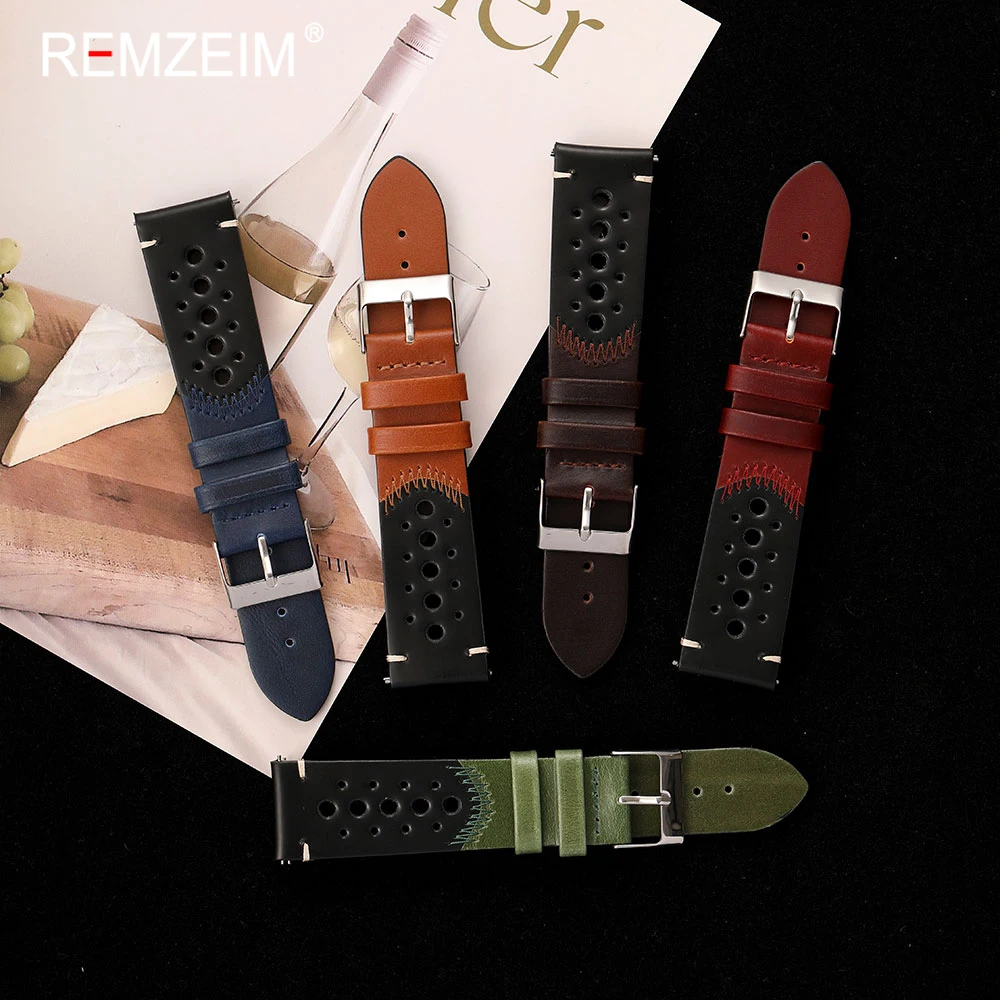 Personalized Stitched Oil Waxed Leather Strap 20mm 22mm Quick Release Business Comfortable Genuine Calfskin Watchband