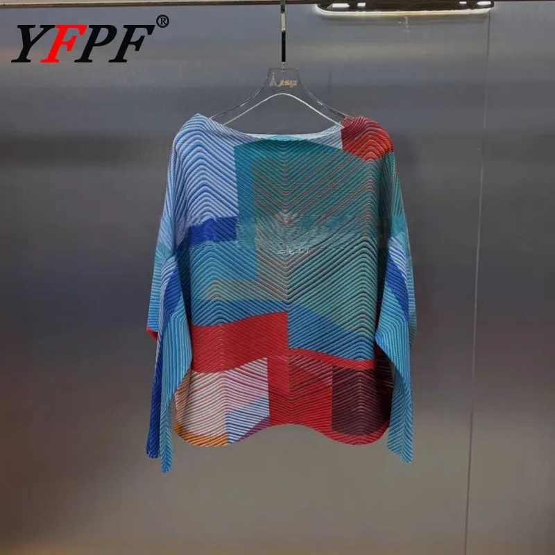 

YFPF Tie Dye с принтом Miyake, плиссированные дизайнерские топы для женщин, свободная модная футболка контрастного цвета с длинными рукавами, уличная одежда, новинка 2023 года