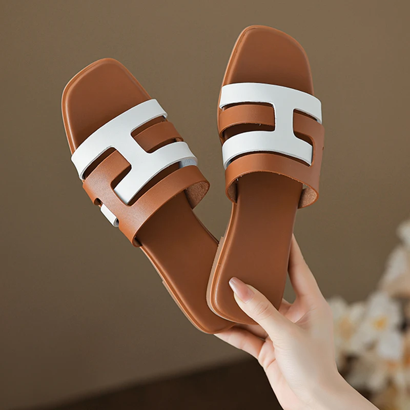 JOZHAMTA Size 34-40 Women Flats Slippers 2025 Ins Real Leather Low Heels Summer Shoes Casual Daily Home Retro Slides Sandals