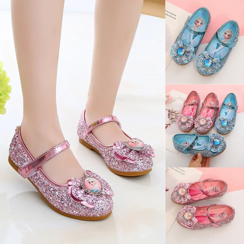 Frozen Anna Elsa Princess Kid Girls Leather Shoes Casual Glitter Children Girl Wedding Crystal Shoes Butterfly Bowknot Sandals