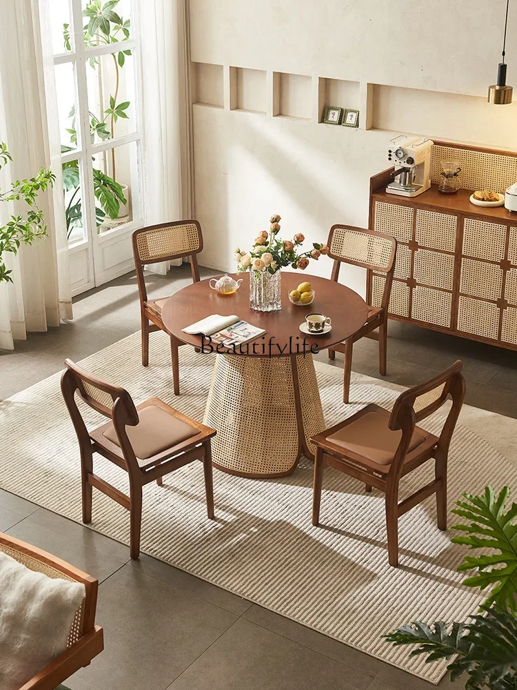 

Solid wood dining table ash wood retro rattan wabi sabi modern home round