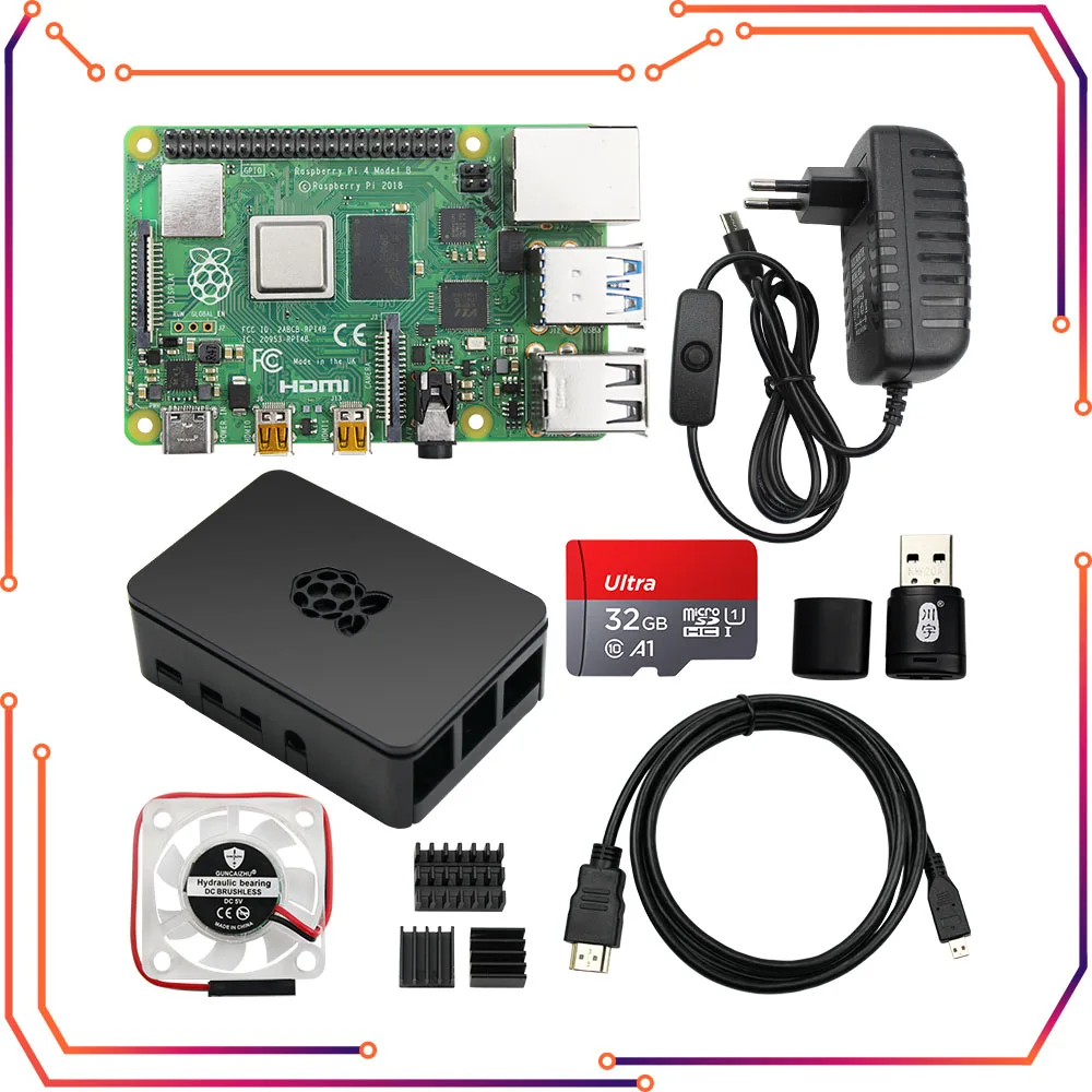 Raspberry Pi 4 8GB 4GB 2GB Kit + Power Adapter + ABS Case + 32G 64G Card + Reader + Heat Sink for Raspberry Pi 4 Model B